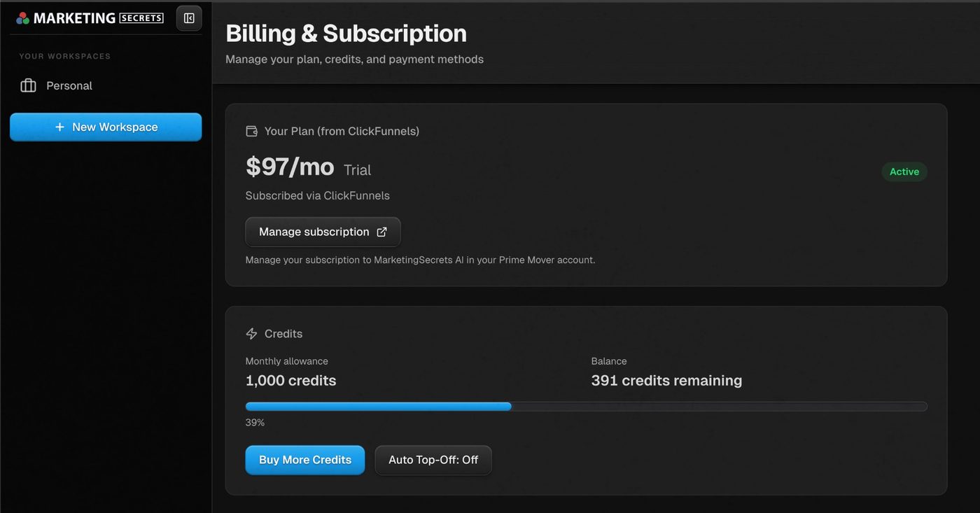 MarketingSecrets.AI billing $97 monthly plan with 1,000 credits