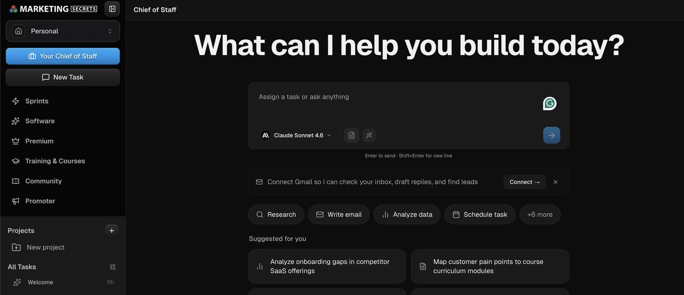 MarketingSecrets.AI Chief of Staff dashboard powered by Claude Sonnet 4.6