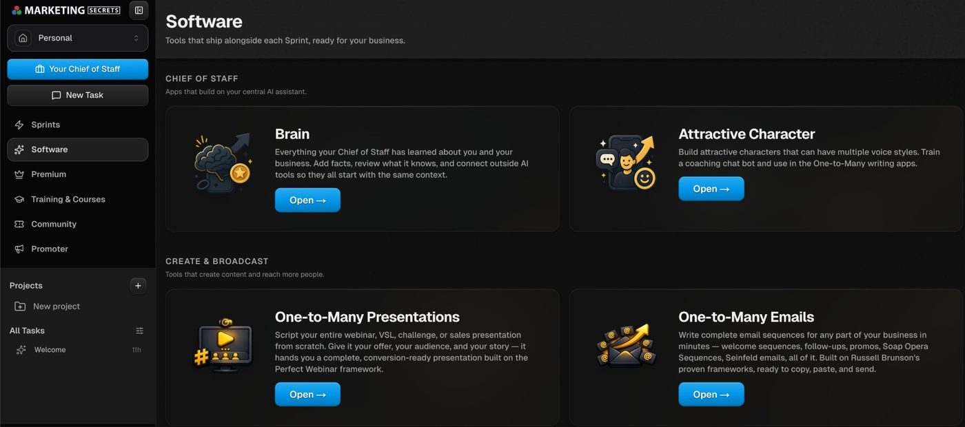 MarketingSecrets.AI Software module grid with Brain, Attractive Character and One-to-Many apps