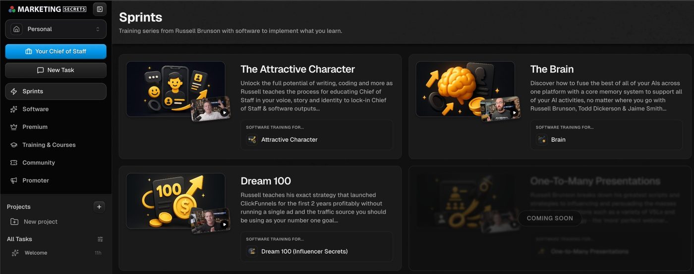 MarketingSecrets.AI Sprints page showing Attractive Character, Brain and Dream 100 trainings