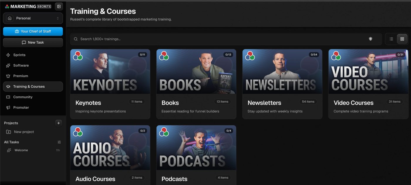 MarketingSecrets.AI Training and Courses library with 1,800+ trainings